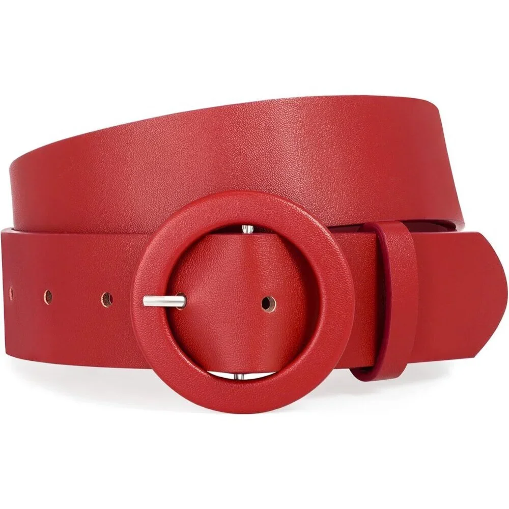 Women's PU Leather Wide Belt with Round Candy Color Buckle for Jeans Dresses